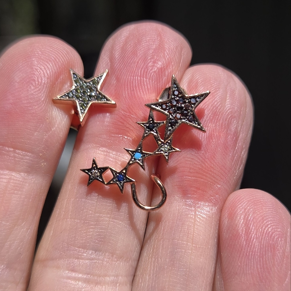 Gold Star ear cuff & stud multi colored gems Sterling & Gold - Picture 9 of 11